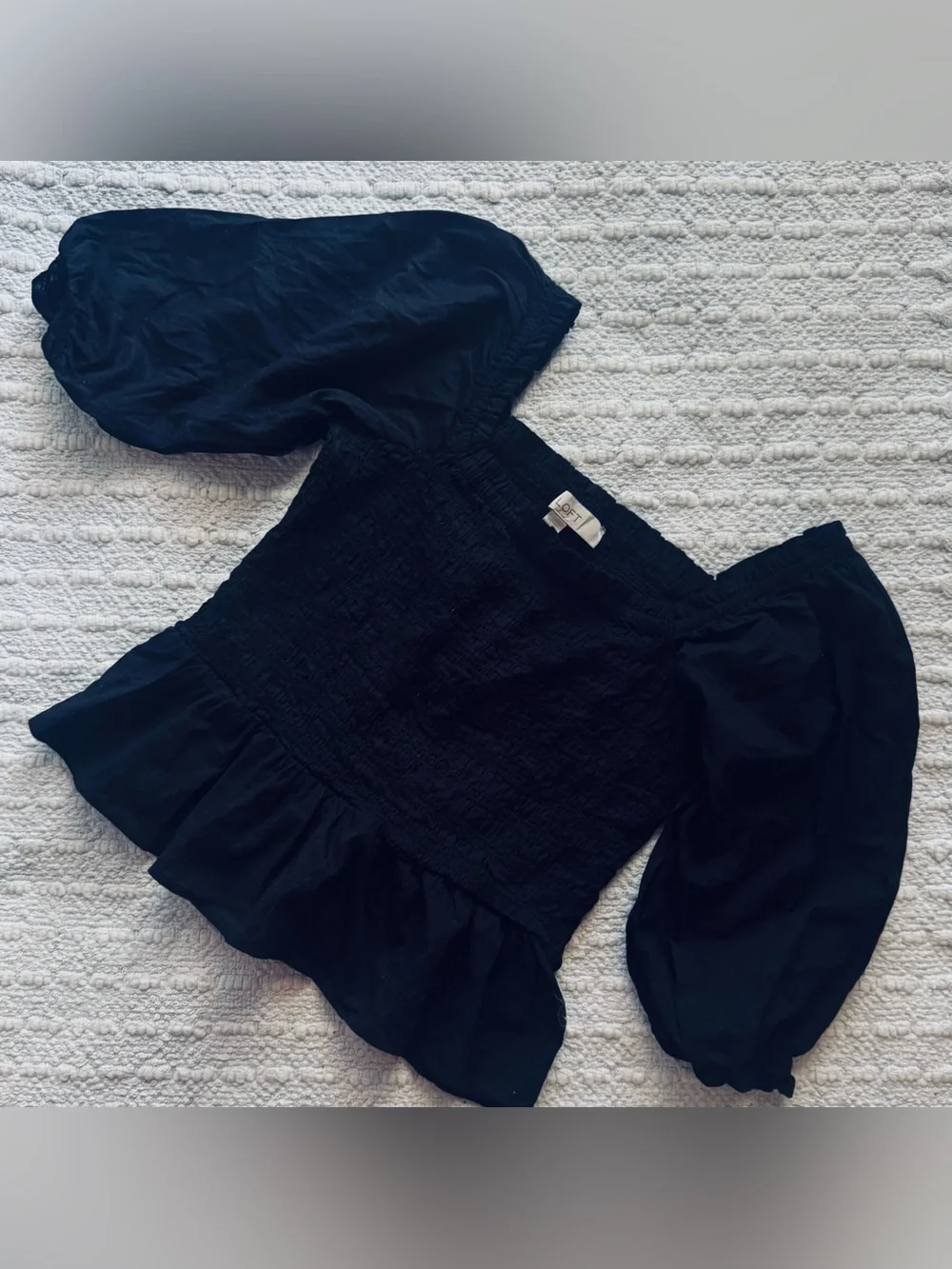 Loft Black Smocked Peplum Top with Square Neck and Puff Sleeve